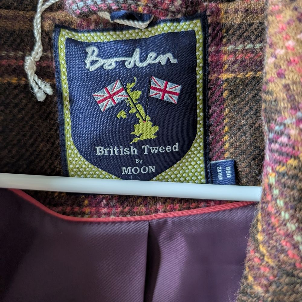 Boden Plaid Wool-Blend Pea Coat in Brown and Pink - Picture 4 of 6